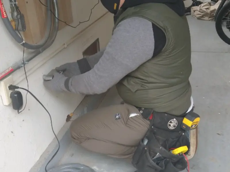 Electrician performing outlet wiring in a Dunellen garage